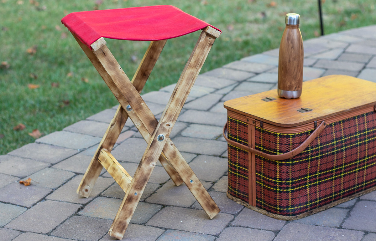 Folding Camp Stool with Burned Wood Finish